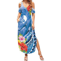 Personalised Yap States Humpback Whale Family Matching Summer Maxi Dress and Hawaiian Shirt Polynesian Tropical Flowers LT9 Mom's Dress Blue - Polynesian Pride