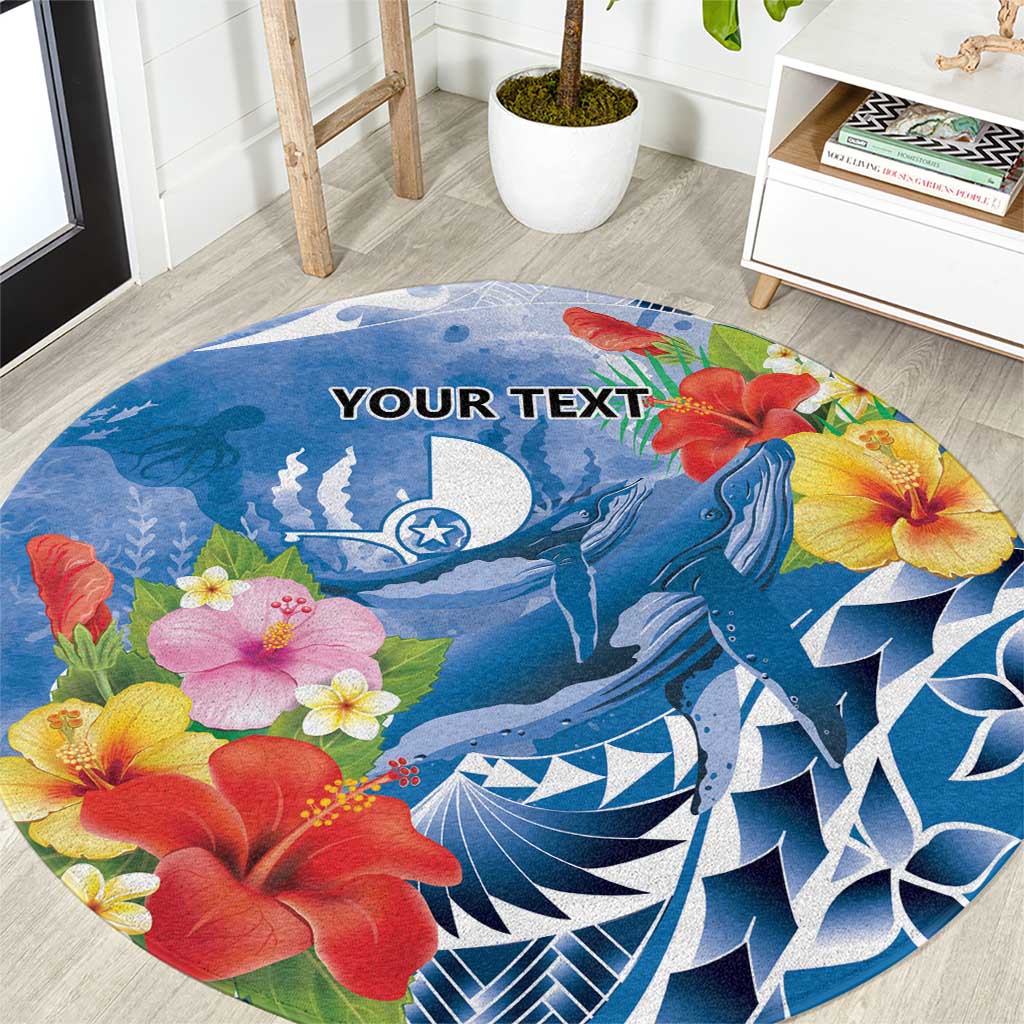 Personalised Yap States Humpback Whale Round Carpet Polynesian Tropical Flowers LT9 Blue - Polynesian Pride