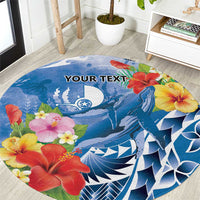 Personalised Yap States Humpback Whale Round Carpet Polynesian Tropical Flowers LT9 Blue - Polynesian Pride