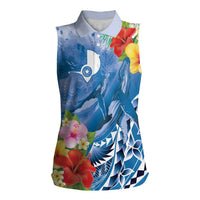 Personalised Yap States Humpback Whale Women Sleeveless Polo Shirt Polynesian Tropical Flowers LT9 Female Blue - Polynesian Pride