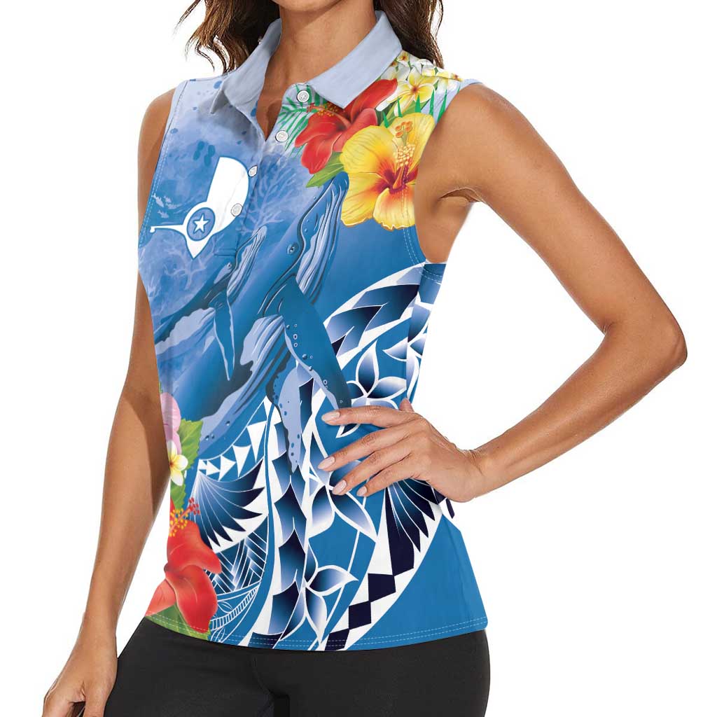 Personalised Yap States Humpback Whale Women Sleeveless Polo Shirt Polynesian Tropical Flowers LT9 - Polynesian Pride