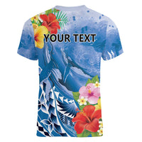 Personalised Yap States Humpback Whale Women V-Neck T-Shirt Polynesian Tropical Flowers LT9 - Polynesian Pride