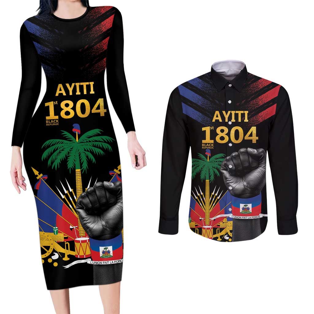 Haiti Independence Day Couples Matching Long Sleeve Bodycon Dress and Long Sleeve Button Shirt The First Black Republic Since 1804 LT9 Blakc - Polynesian Pride