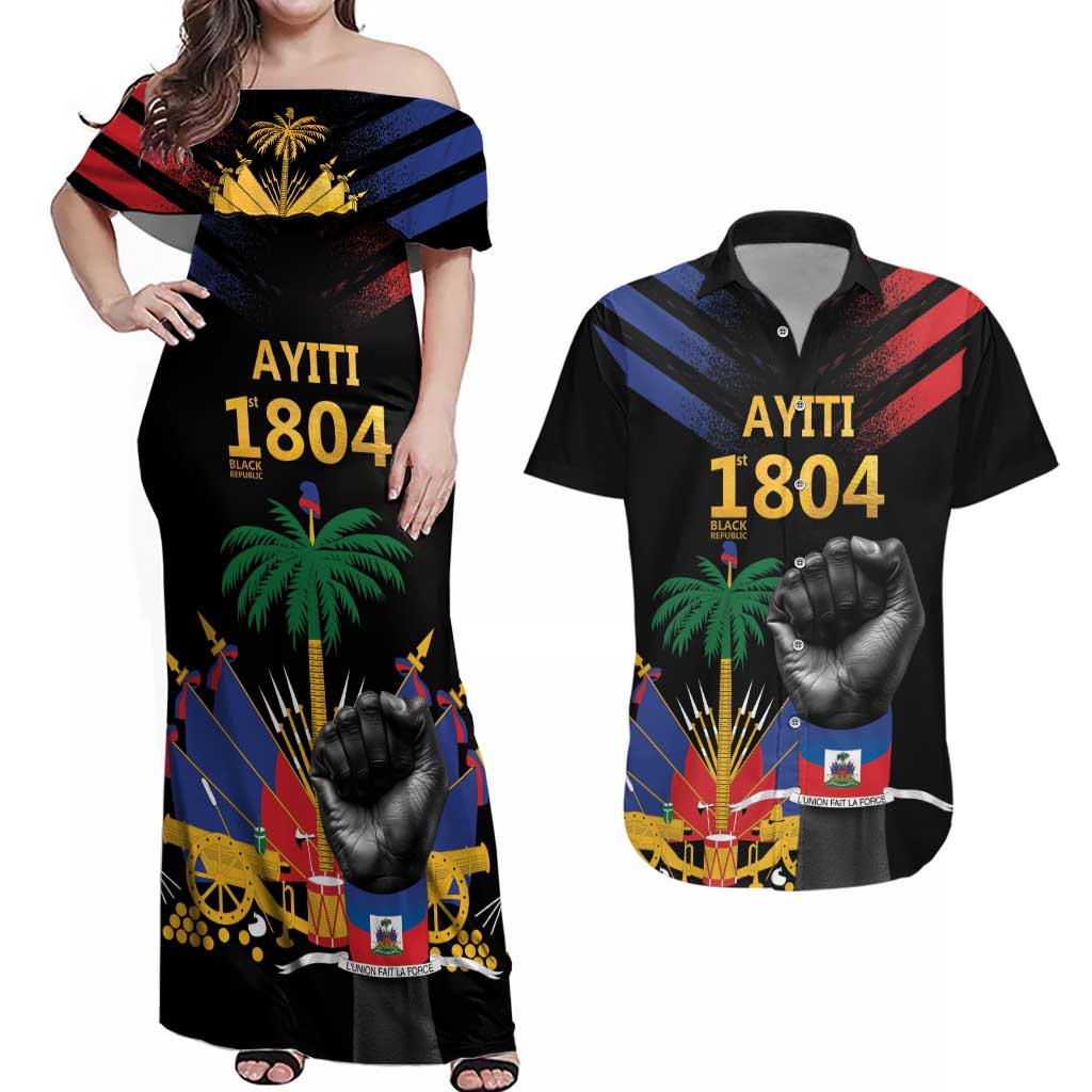 Haiti Independence Day Couples Matching Off Shoulder Maxi Dress and Hawaiian Shirt The First Black Republic Since 1804 LT9 Blakc - Polynesian Pride