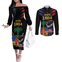 Haiti Independence Day Couples Matching Off The Shoulder Long Sleeve Dress and Long Sleeve Button Shirt The First Black Republic Since 1804 LT9 Blakc - Polynesian Pride