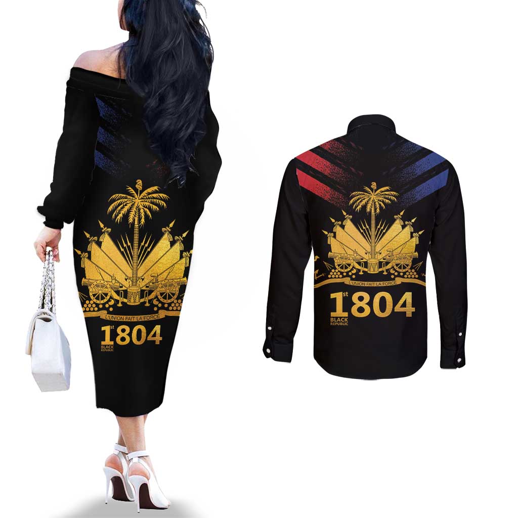 Haiti Independence Day Couples Matching Off The Shoulder Long Sleeve Dress and Long Sleeve Button Shirt The First Black Republic Since 1804 LT9 - Polynesian Pride