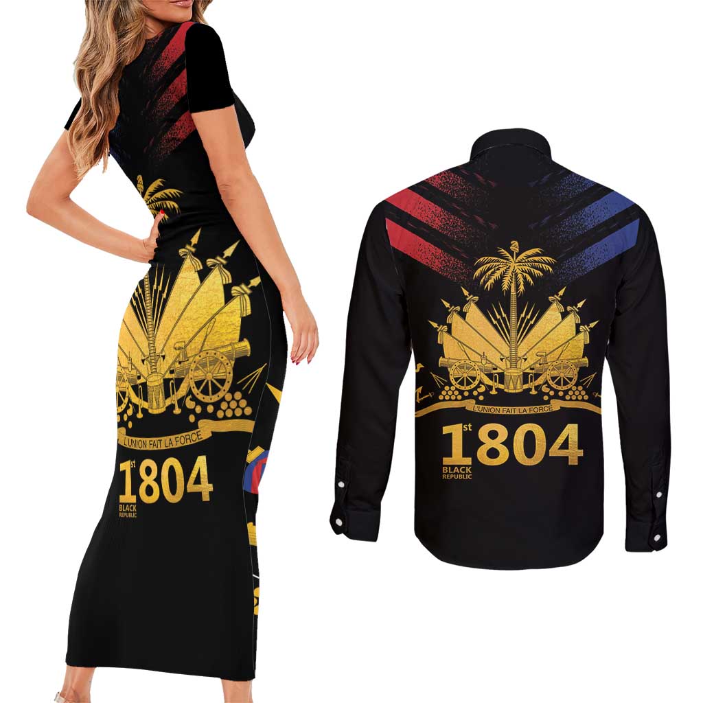 Haiti Independence Day Couples Matching Short Sleeve Bodycon Dress and Long Sleeve Button Shirt The First Black Republic Since 1804 LT9 - Polynesian Pride