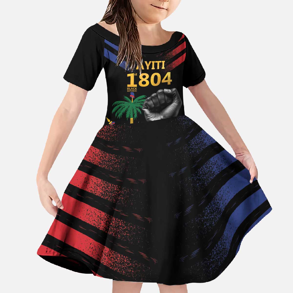 Haiti Independence Day Family Matching Off The Shoulder Long Sleeve Dress and Hawaiian Shirt The First Black Republic Since 1804 LT9 Daughter's Dress Blakc - Polynesian Pride