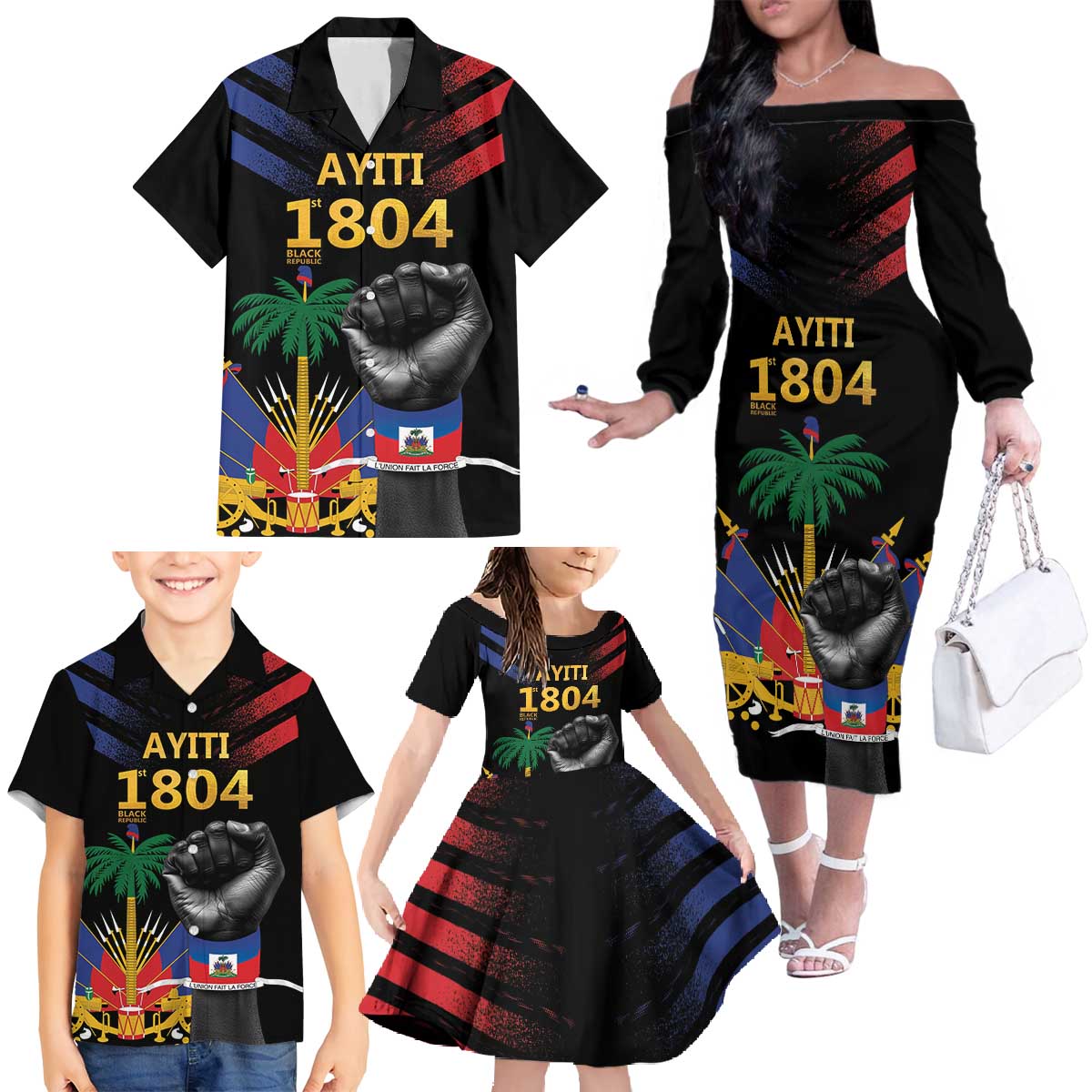 Haiti Independence Day Family Matching Off The Shoulder Long Sleeve Dress and Hawaiian Shirt The First Black Republic Since 1804 LT9 - Polynesian Pride
