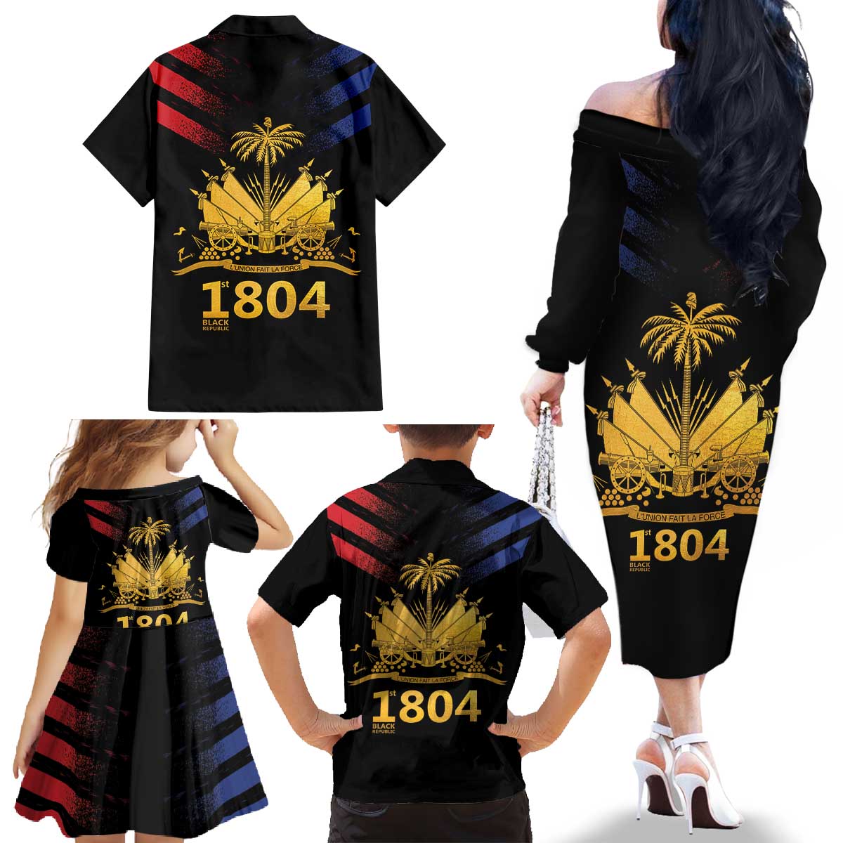 Haiti Independence Day Family Matching Off The Shoulder Long Sleeve Dress and Hawaiian Shirt The First Black Republic Since 1804 LT9 - Polynesian Pride