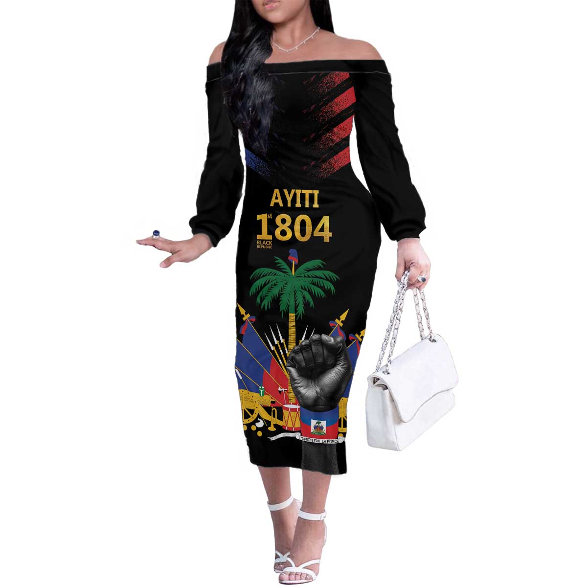 Haiti Independence Day Family Matching Off The Shoulder Long Sleeve Dress and Hawaiian Shirt The First Black Republic Since 1804 LT9 Mom's Dress Blakc - Polynesian Pride