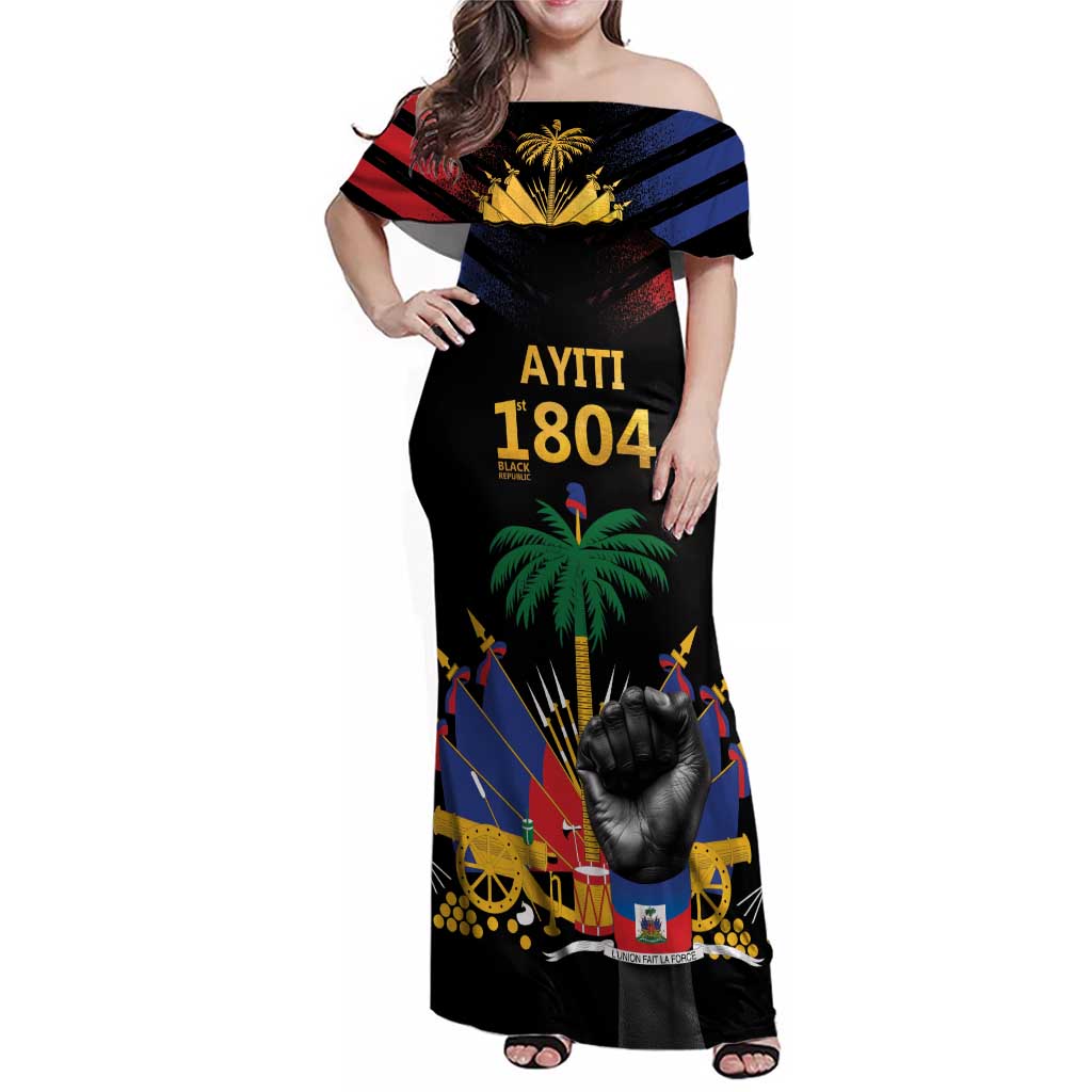 Haiti Independence Day Family Matching Off Shoulder Maxi Dress and Hawaiian Shirt The First Black Republic Since 1804 LT9 Mom's Dress Blakc - Polynesian Pride