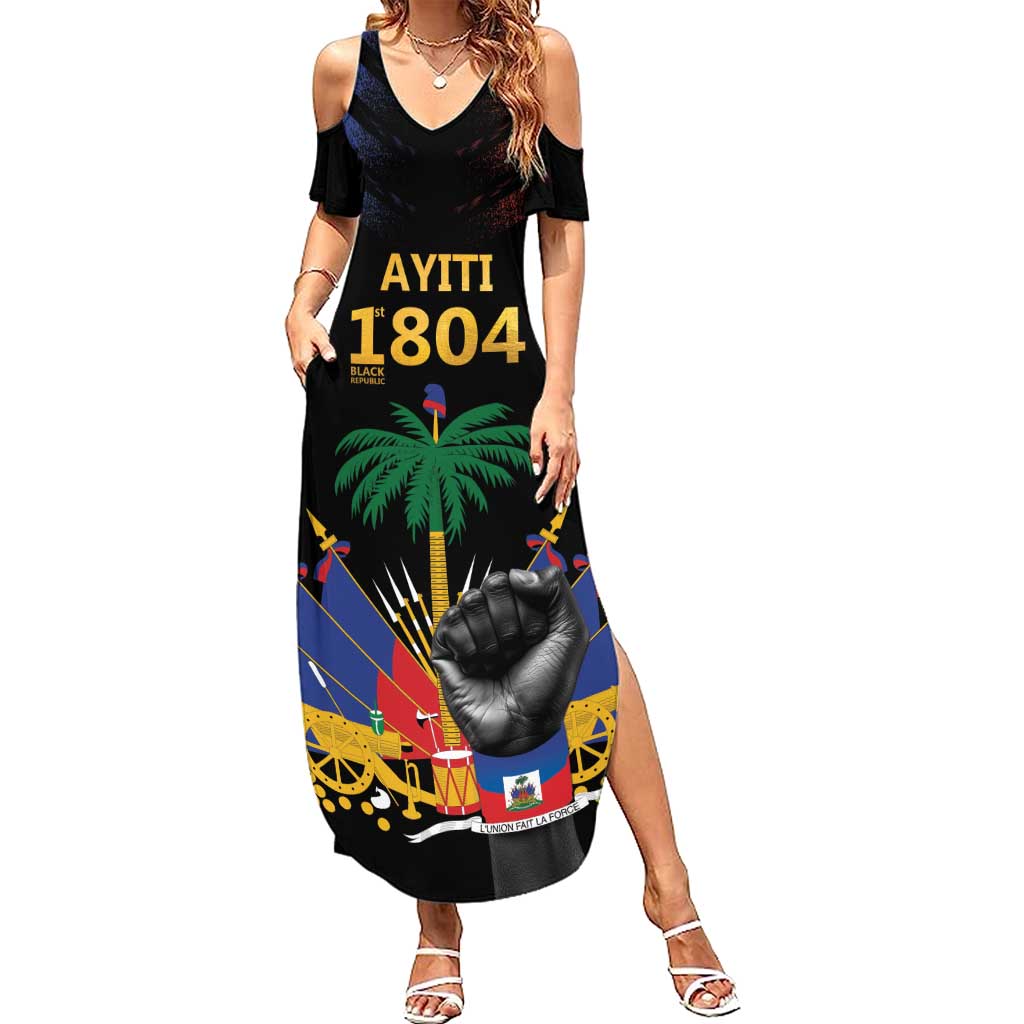 Haiti Independence Day Family Matching Summer Maxi Dress and Hawaiian Shirt The First Black Republic Since 1804 LT9 Mom's Dress Blakc - Polynesian Pride