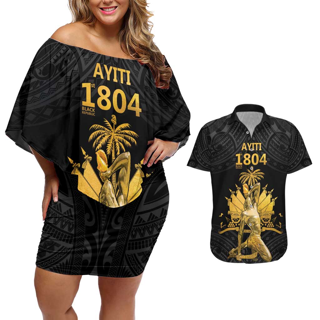 Haitian Negre Marron 1804 Couples Matching Off Shoulder Short Dress and Hawaiian Shirt Black Polynesian Pattern