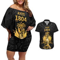 Haitian Negre Marron 1804 Couples Matching Off Shoulder Short Dress and Hawaiian Shirt Black Polynesian Pattern
