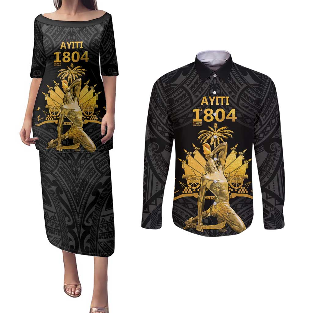 Haitian Negre Marron 1804 Couples Matching Puletasi and Long Sleeve Button Shirt Black Polynesian Pattern LT9 Black - Polynesian Pride