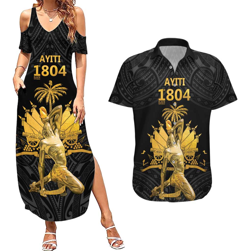 Haitian Negre Marron 1804 Couples Matching Summer Maxi Dress and Hawaiian Shirt Black Polynesian Pattern LT9 Black - Polynesian Pride