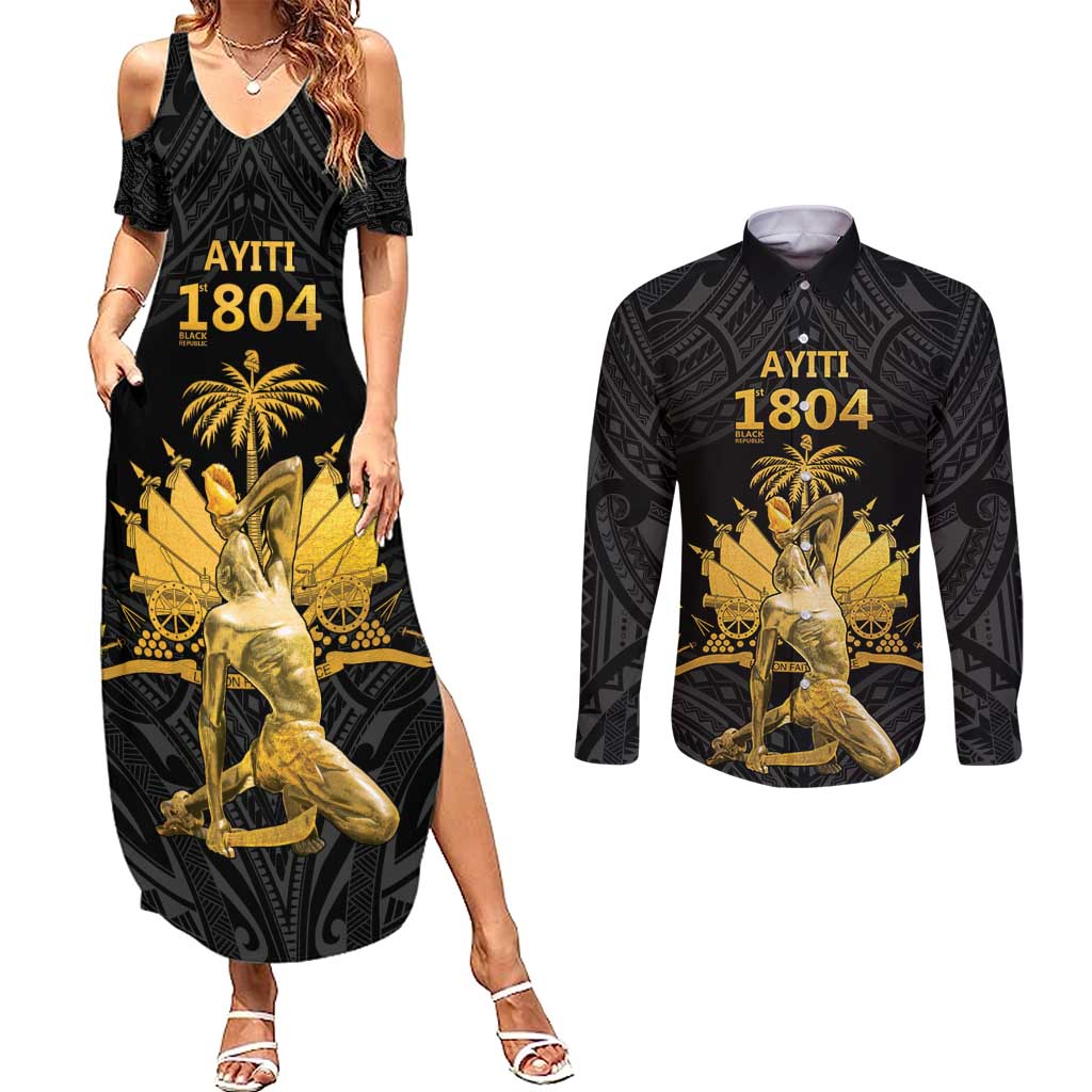 Haitian Negre Marron 1804 Couples Matching Summer Maxi Dress and Long Sleeve Button Shirt Black Polynesian Pattern