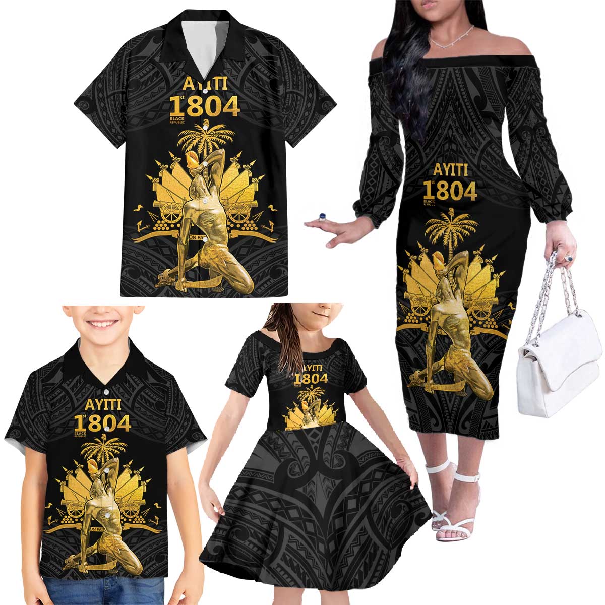 Haitian Negre Marron 1804 Family Matching Off The Shoulder Long Sleeve Dress and Hawaiian Shirt Black Polynesian Pattern LT9 - Polynesian Pride