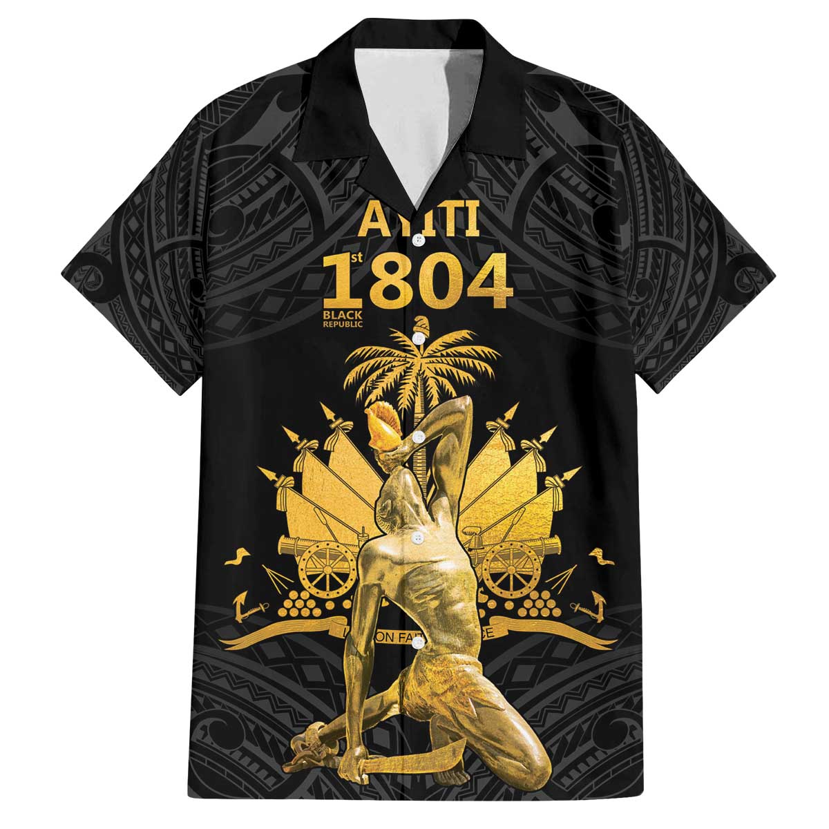 Haitian Negre Marron 1804 Family Matching Off The Shoulder Long Sleeve Dress and Hawaiian Shirt Black Polynesian Pattern LT9 Dad's Shirt - Short Sleeve Black - Polynesian Pride