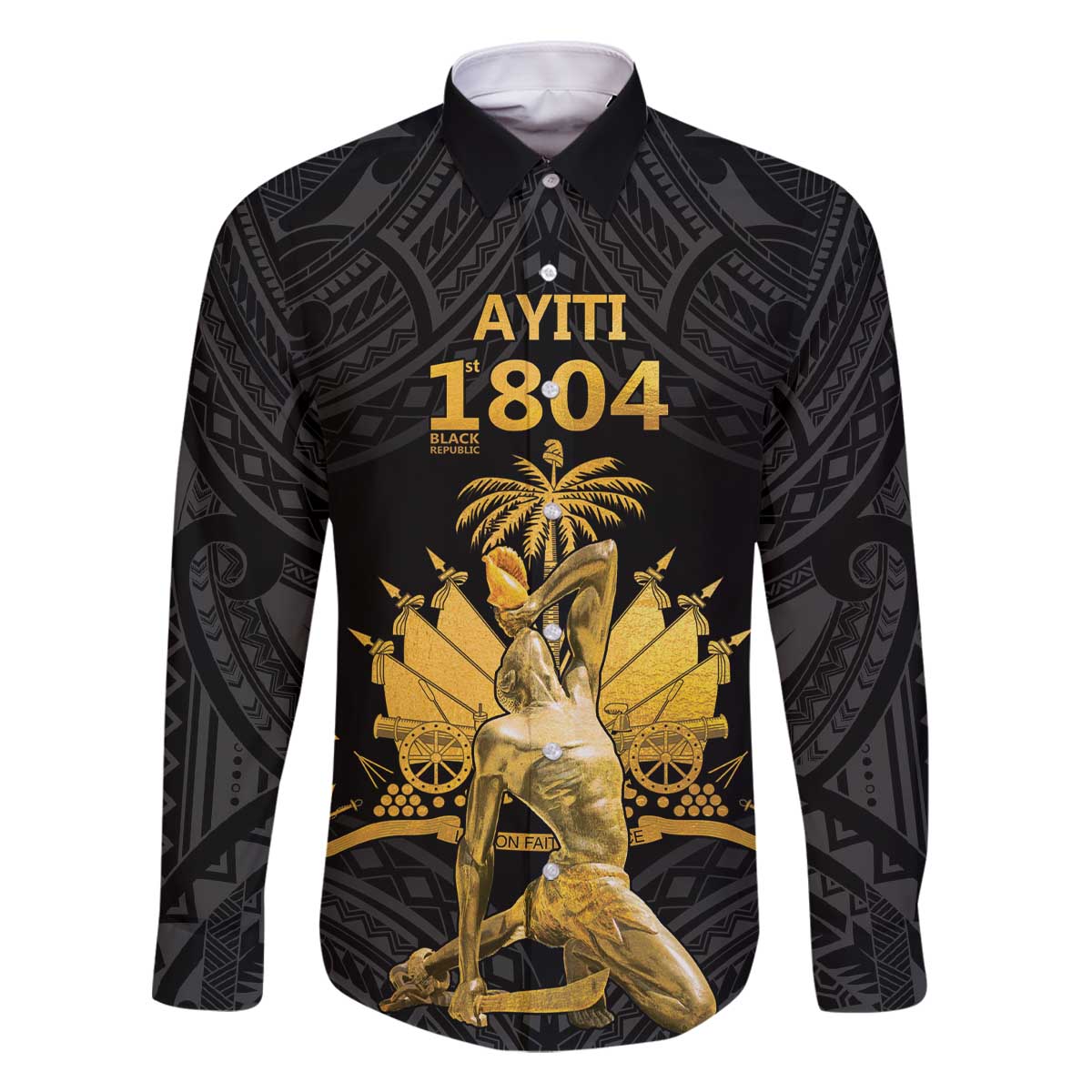 Haitian Negre Marron 1804 Family Matching Off The Shoulder Long Sleeve Dress and Hawaiian Shirt Black Polynesian Pattern LT9 Dad's Shirt - Long Sleeve Black - Polynesian Pride