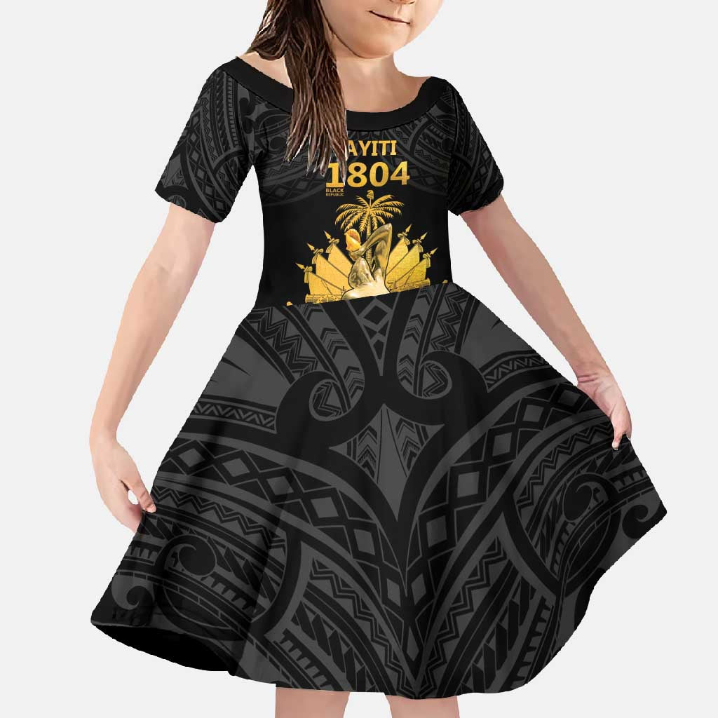 Haitian Negre Marron 1804 Family Matching Off Shoulder Maxi Dress and Hawaiian Shirt Black Polynesian Pattern LT9 Daughter's Dress Black - Polynesian Pride