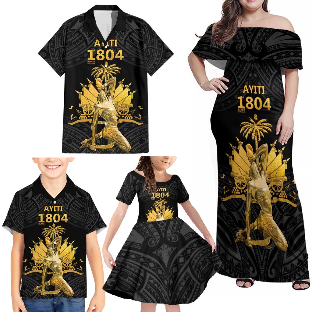 Haitian Negre Marron 1804 Family Matching Off Shoulder Maxi Dress and Hawaiian Shirt Black Polynesian Pattern LT9 - Polynesian Pride