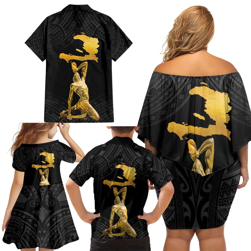Haitian Negre Marron 1804 Family Matching Off Shoulder Short Dress and Hawaiian Shirt Black Polynesian Pattern LT9 - Polynesian Pride