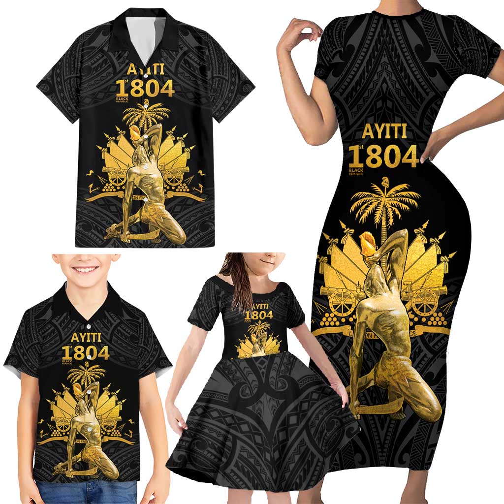 Haitian Negre Marron 1804 Family Matching Short Sleeve Bodycon Dress and Hawaiian Shirt Black Polynesian Pattern LT9 - Polynesian Pride