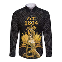 Haitian Negre Marron 1804 Long Sleeve Button Shirt Black Polynesian Pattern