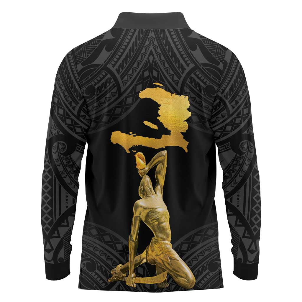 Haitian Negre Marron 1804 Long Sleeve Polo Shirt Black Polynesian Pattern
