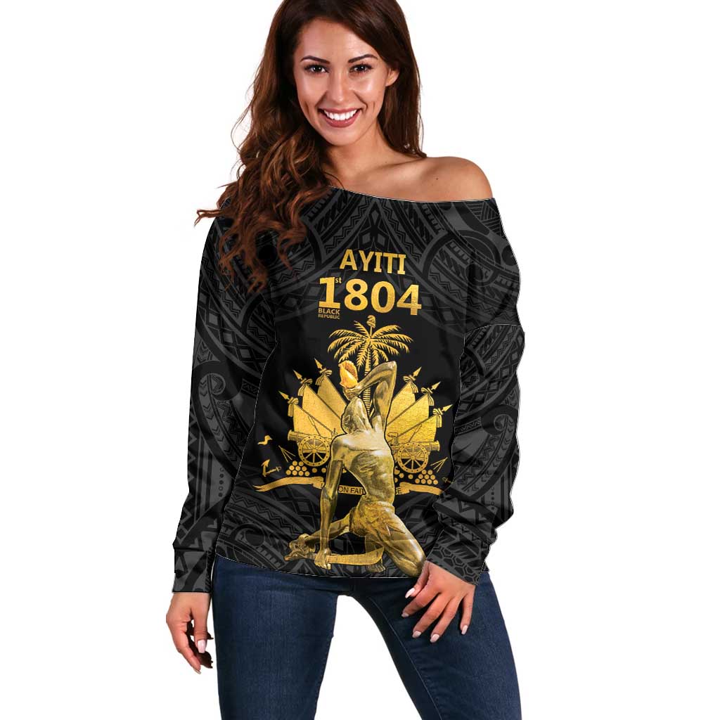 Haitian Negre Marron 1804 Off Shoulder Sweater Black Polynesian Pattern LT9 Women Black - Polynesian Pride