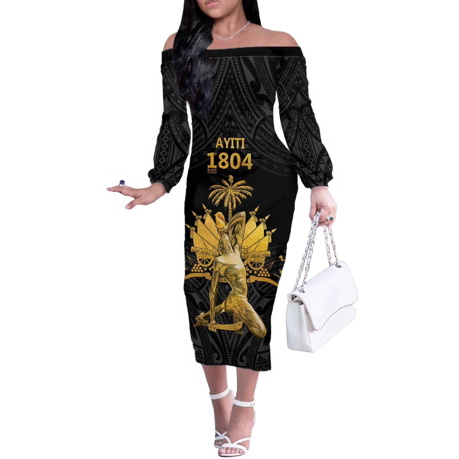 Haitian Negre Marron 1804 Off The Shoulder Long Sleeve Dress Black Polynesian Pattern LT9 Women Black - Polynesian Pride