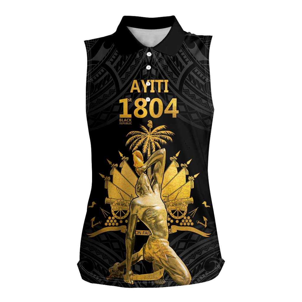 Haitian Negre Marron 1804 Women Sleeveless Polo Shirt Black Polynesian Pattern
