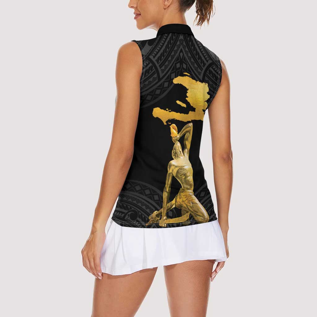 Haitian Negre Marron 1804 Women Sleeveless Polo Shirt Black Polynesian Pattern