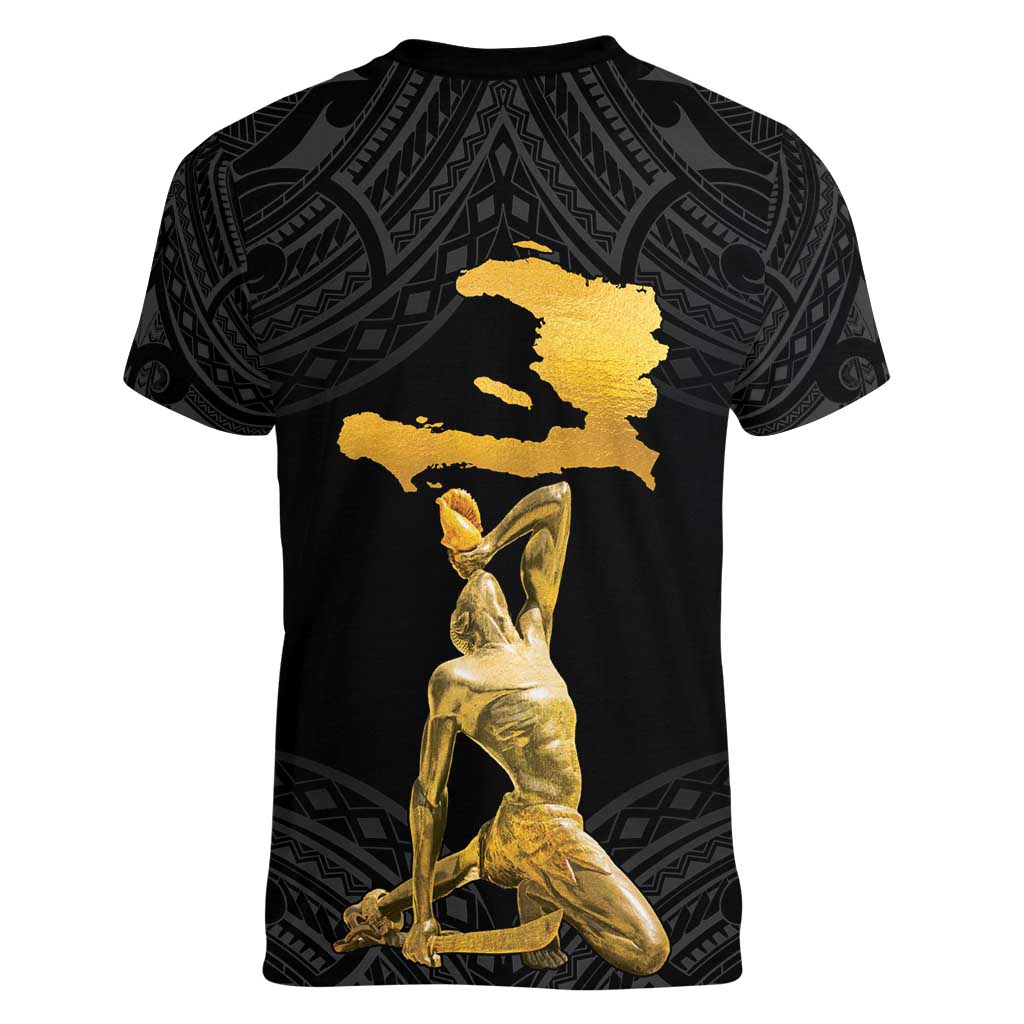 Haitian Negre Marron 1804 Women V-Neck T-Shirt Black Polynesian Pattern