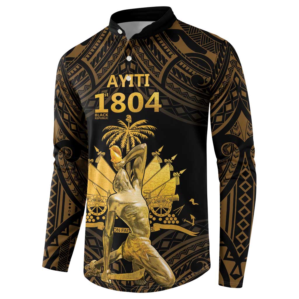 Haitian Negre Marron 1804 Button Sweatshirt Gold Polynesian Pattern