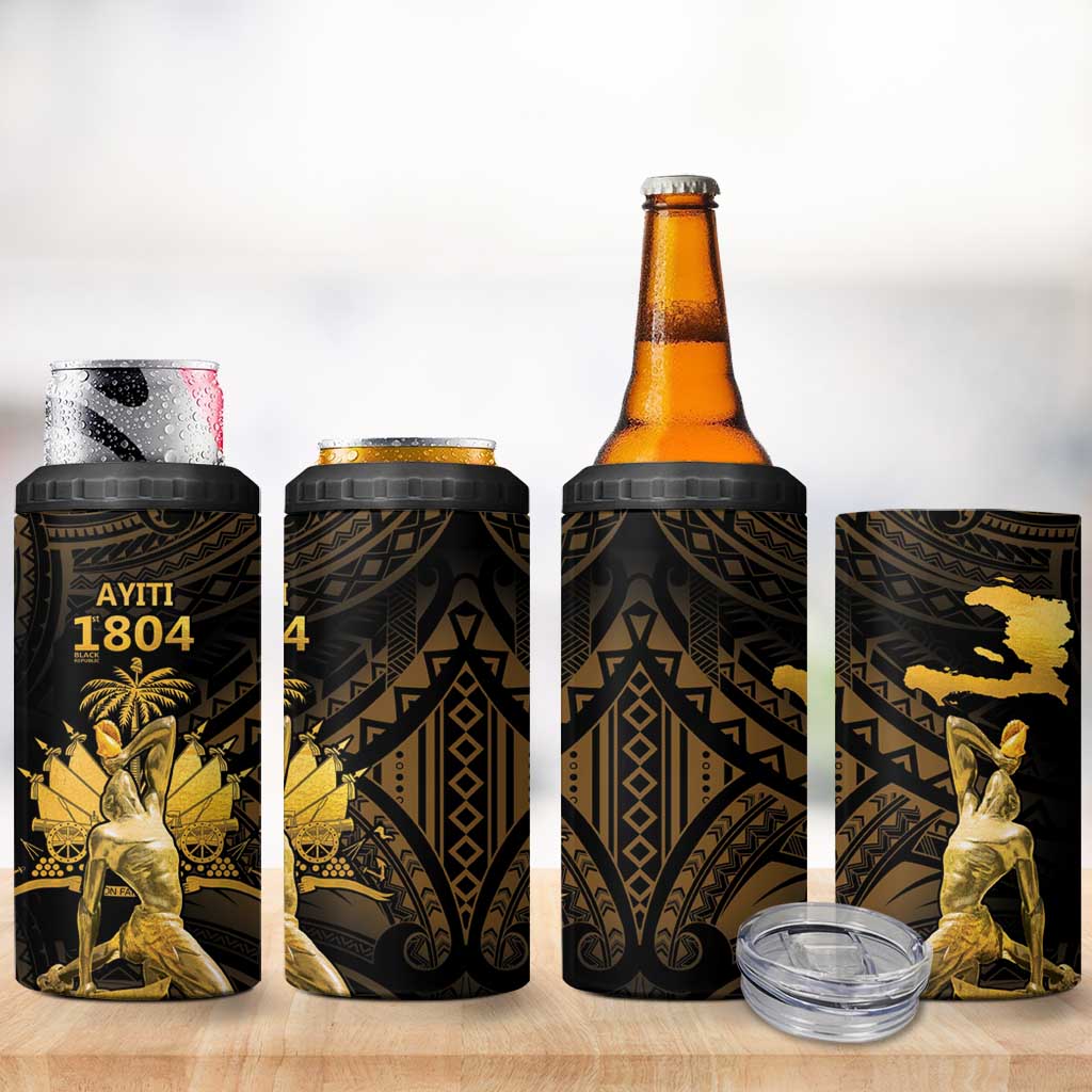Haitian Negre Marron 1804 4 in 1 Can Cooler Tumbler Gold Polynesian Pattern