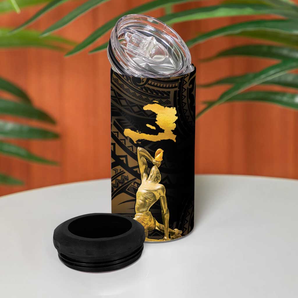 Haitian Negre Marron 1804 4 in 1 Can Cooler Tumbler Gold Polynesian Pattern