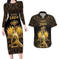 Haitian Negre Marron 1804 Couples Matching Long Sleeve Bodycon Dress and Hawaiian Shirt Gold Polynesian Pattern LT9 Gold - Polynesian Pride