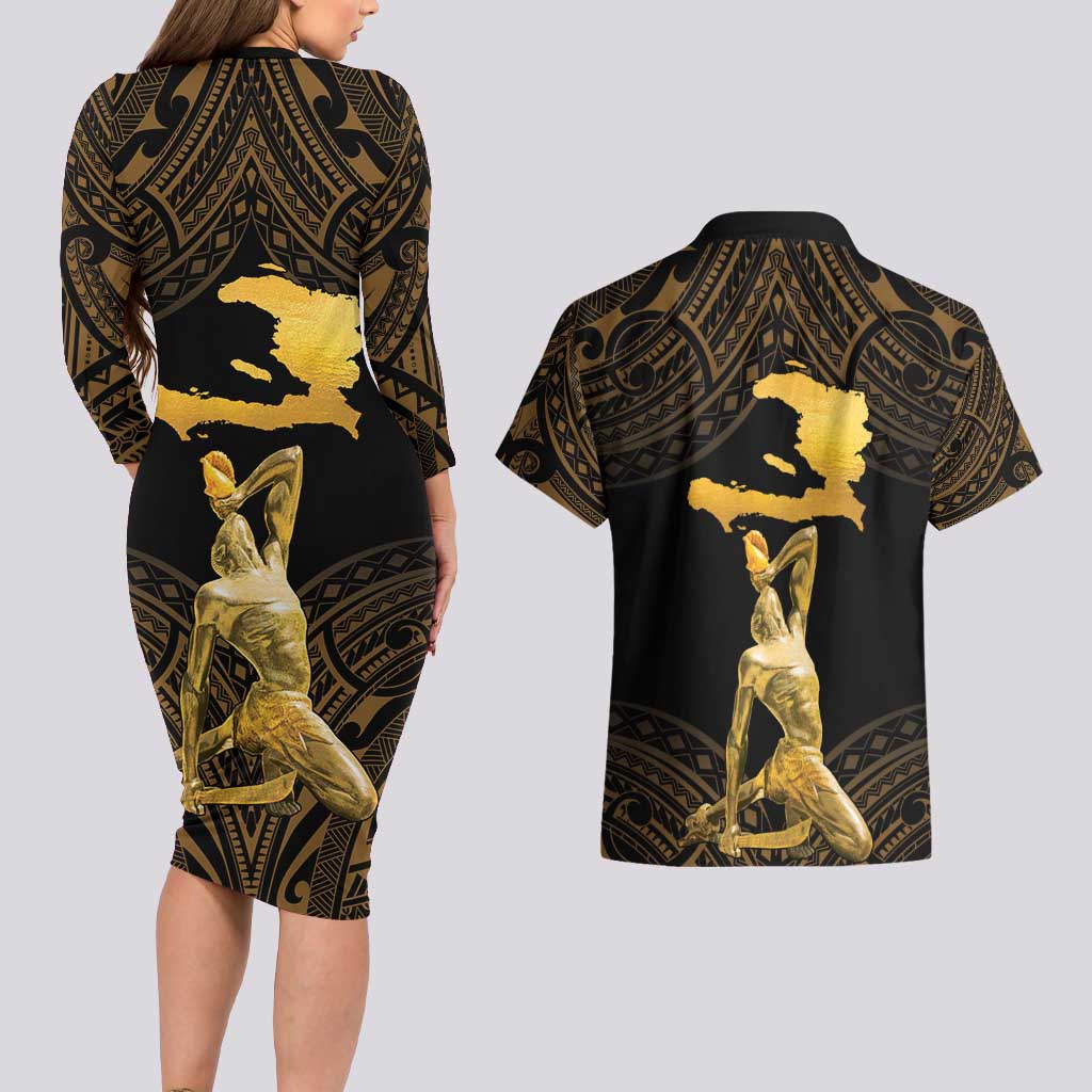 Haitian Negre Marron 1804 Couples Matching Long Sleeve Bodycon Dress and Hawaiian Shirt Gold Polynesian Pattern LT9 - Polynesian Pride