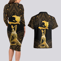 Haitian Negre Marron 1804 Couples Matching Long Sleeve Bodycon Dress and Hawaiian Shirt Gold Polynesian Pattern LT9 - Polynesian Pride