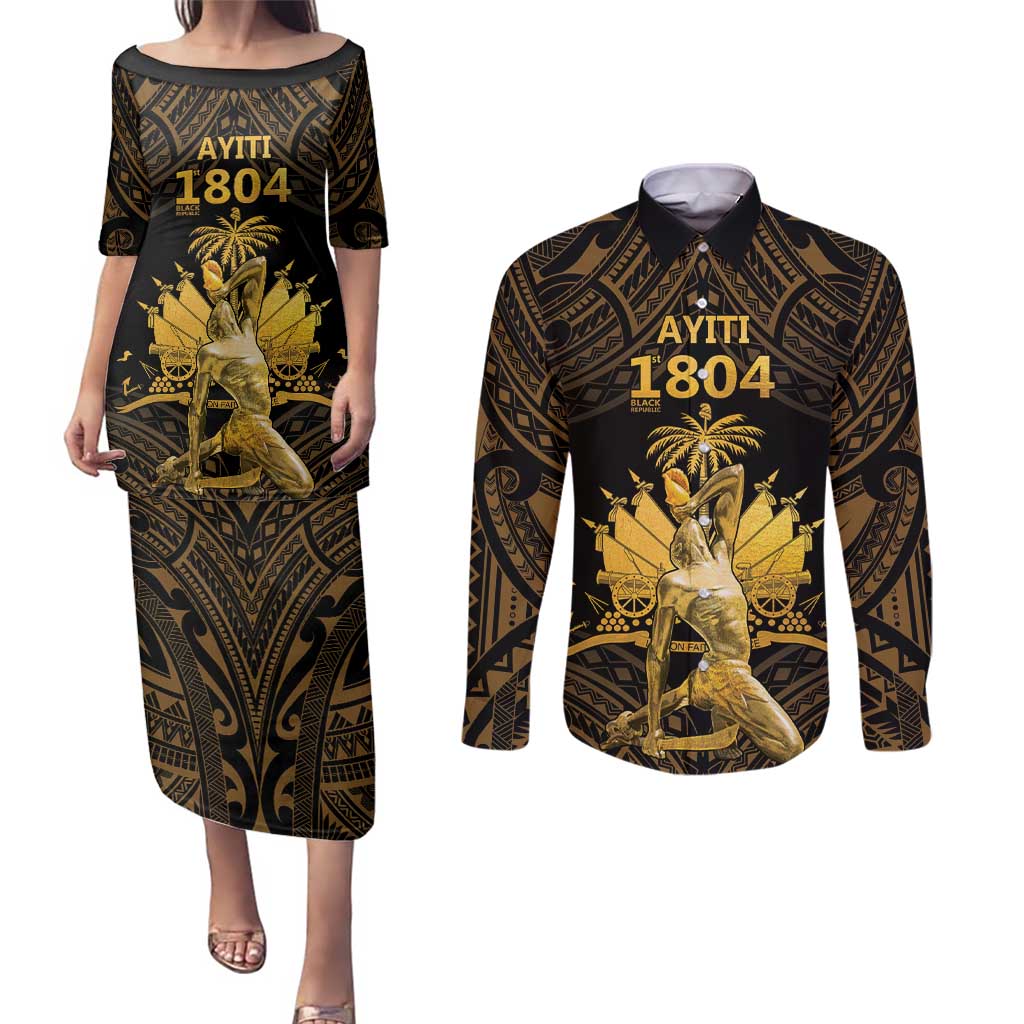 Haitian Negre Marron 1804 Couples Matching Puletasi and Long Sleeve Button Shirt Gold Polynesian Pattern