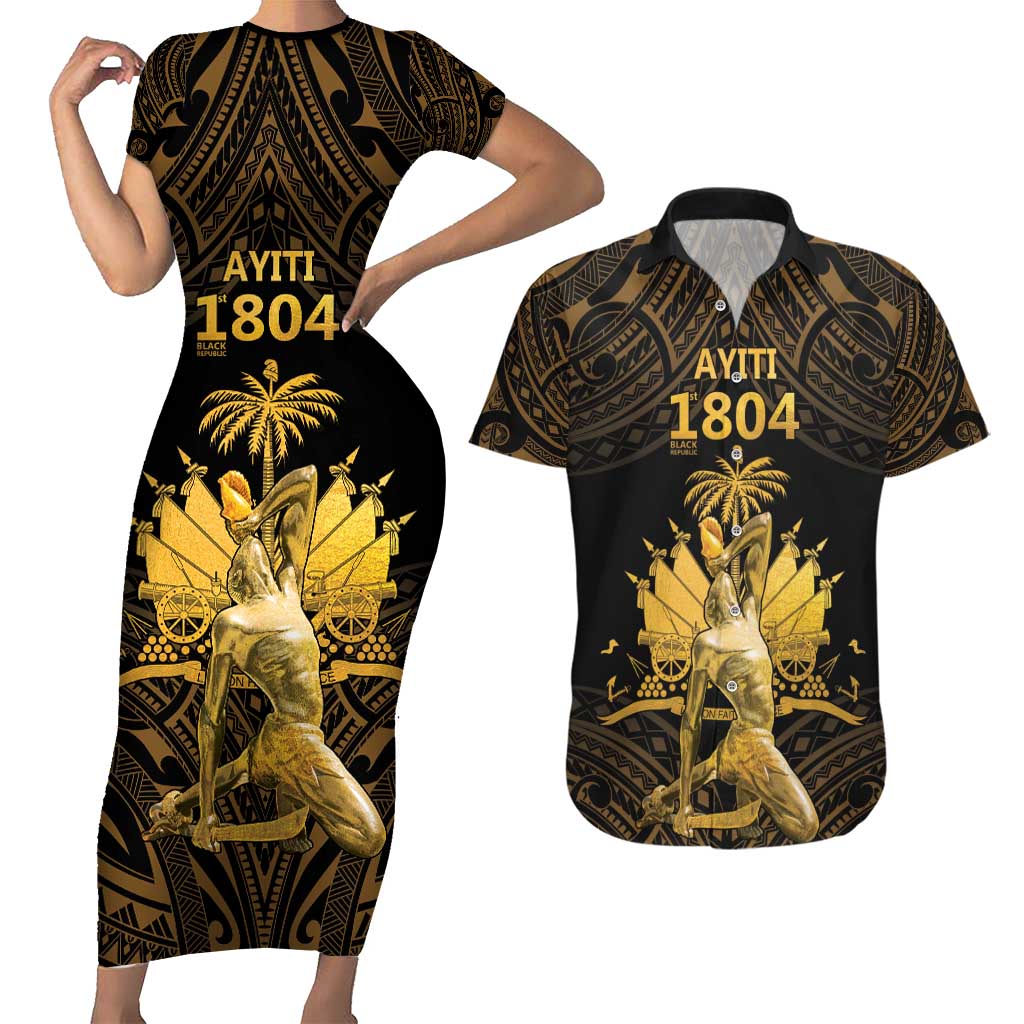 Haitian Negre Marron 1804 Couples Matching Short Sleeve Bodycon Dress and Hawaiian Shirt Gold Polynesian Pattern LT9 Gold - Polynesian Pride