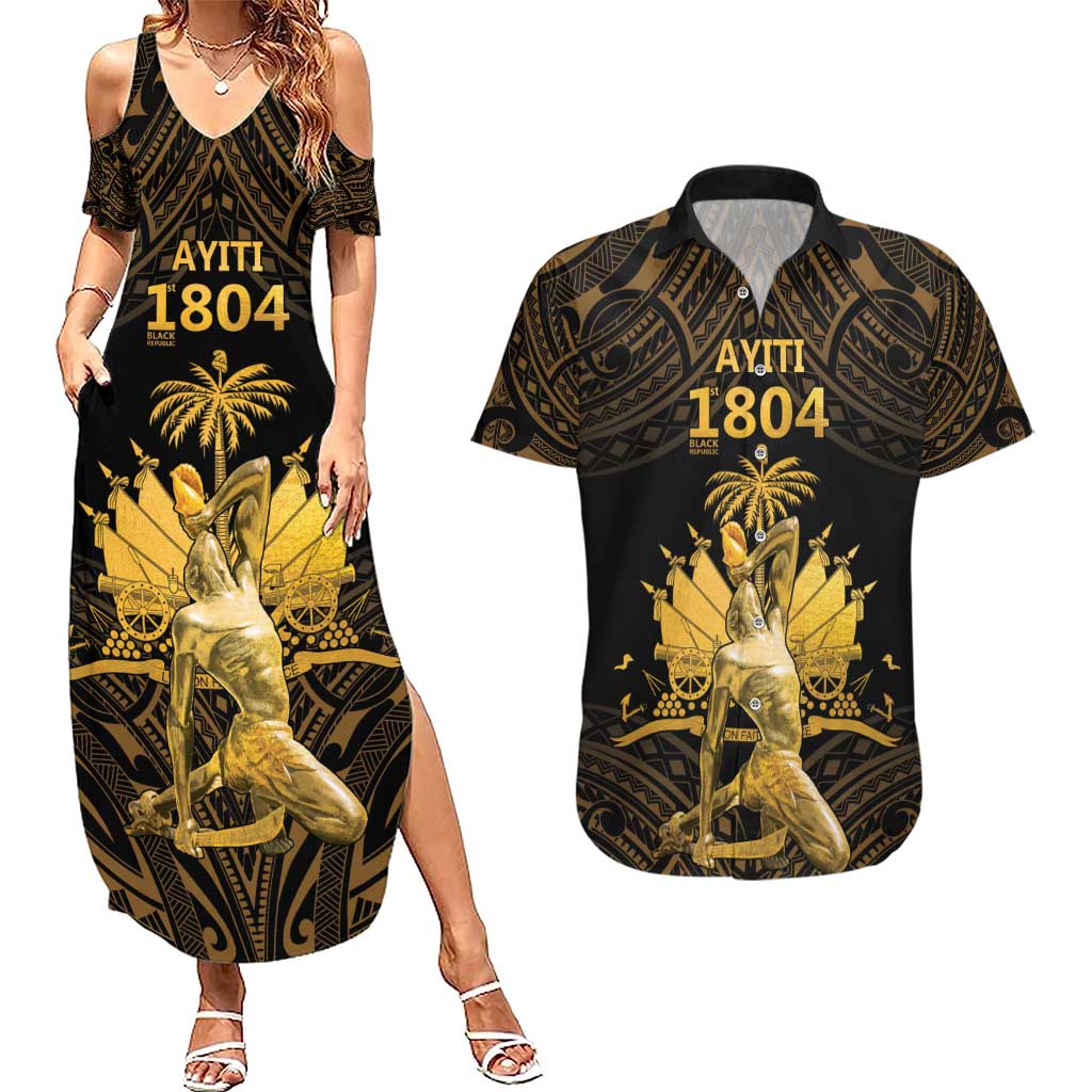 Haitian Negre Marron 1804 Couples Matching Summer Maxi Dress and Hawaiian Shirt Gold Polynesian Pattern LT9 Gold - Polynesian Pride