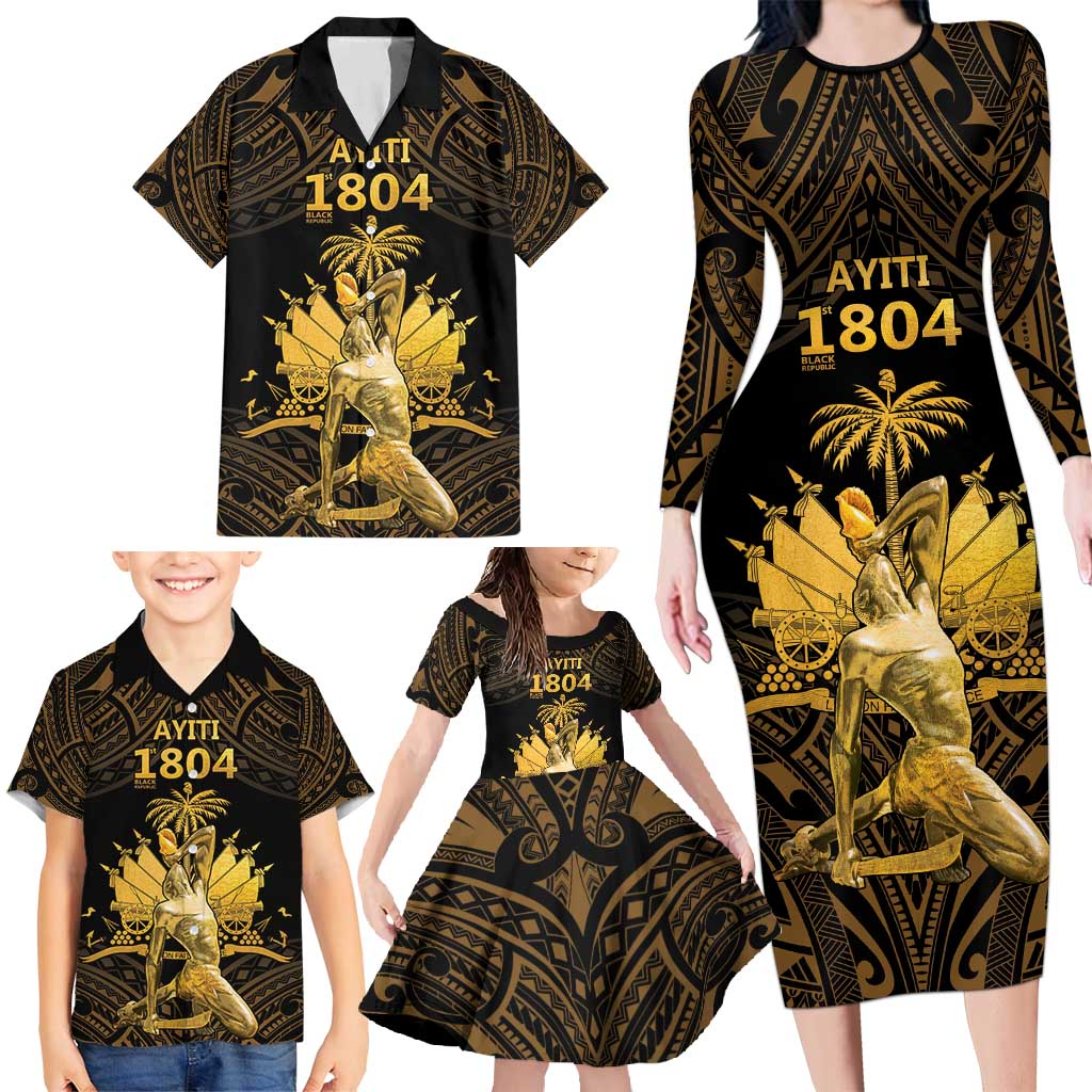 Haitian Negre Marron 1804 Family Matching Long Sleeve Bodycon Dress and Hawaiian Shirt Gold Polynesian Pattern LT9 - Polynesian Pride