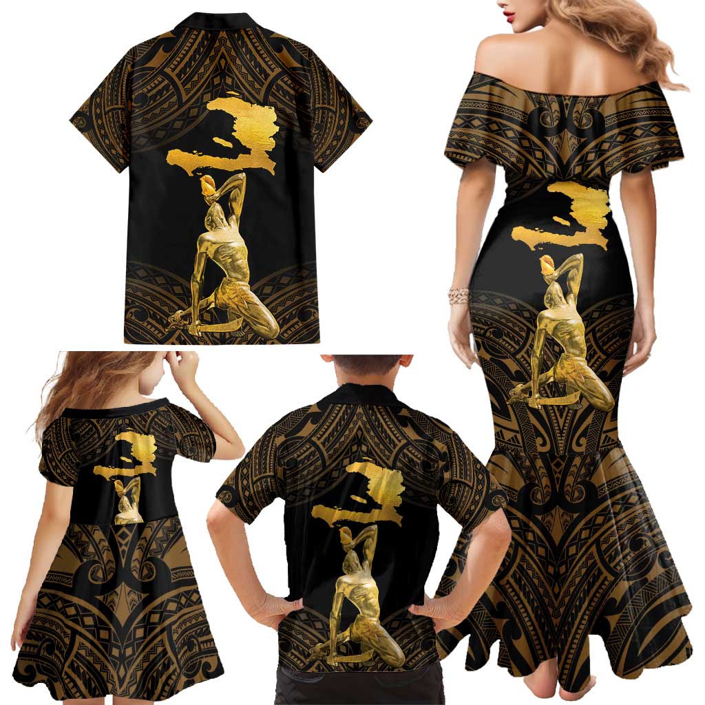 Haitian Negre Marron 1804 Family Matching Mermaid Dress and Hawaiian Shirt Gold Polynesian Pattern LT9 - Polynesian Pride