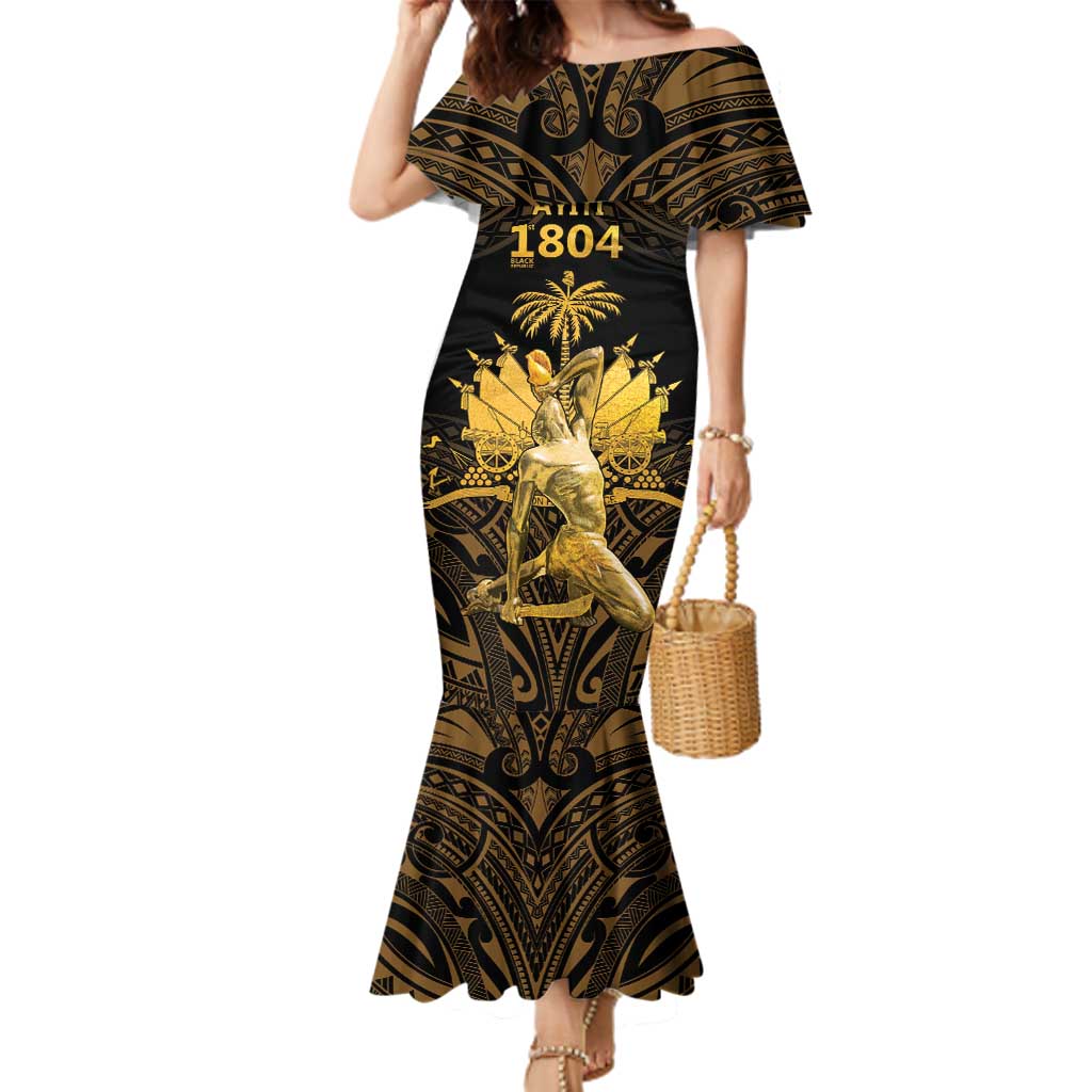 Haitian Negre Marron 1804 Family Matching Mermaid Dress and Hawaiian Shirt Gold Polynesian Pattern LT9 Mom's Dress Gold - Polynesian Pride
