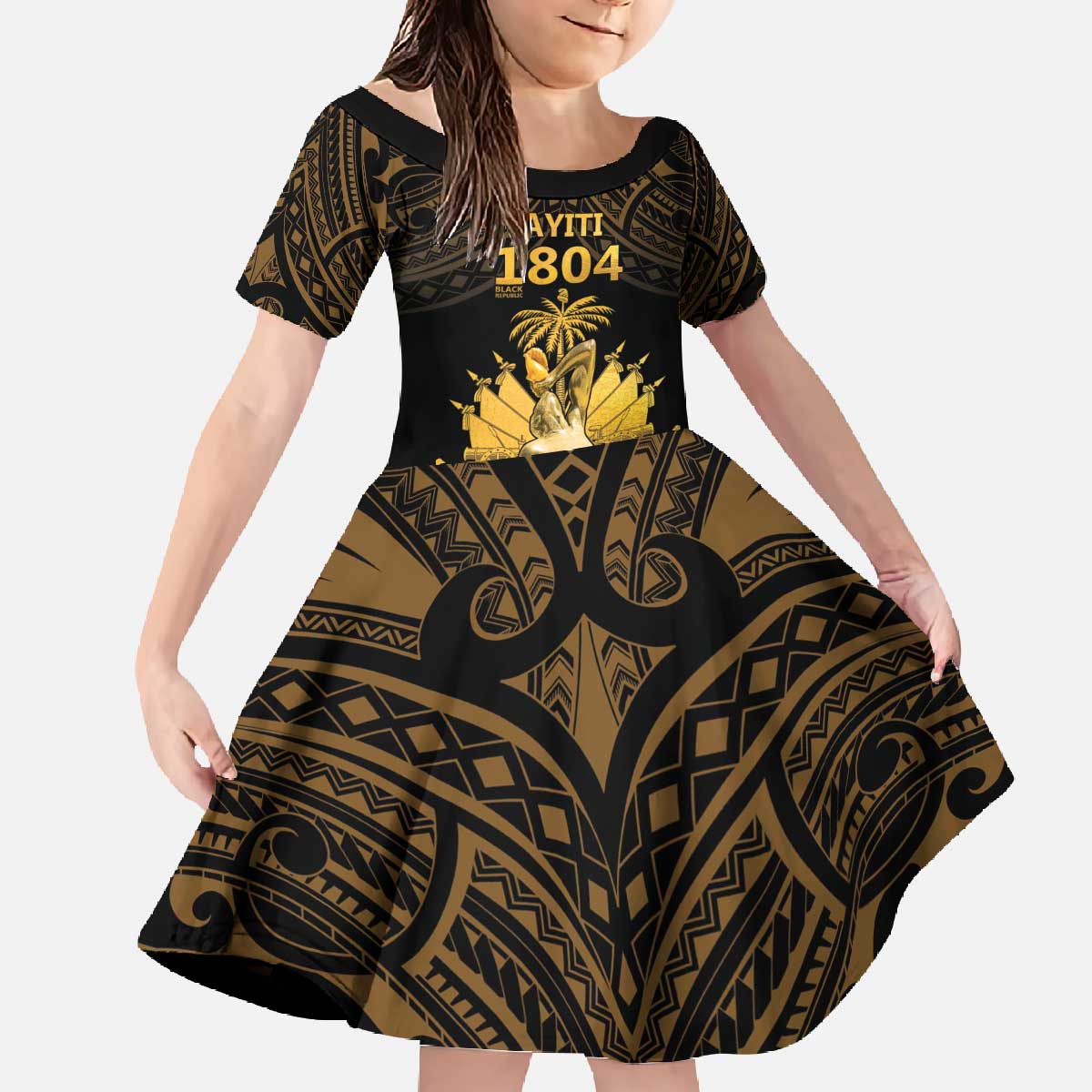 Haitian Negre Marron 1804 Family Matching Off The Shoulder Long Sleeve Dress and Hawaiian Shirt Gold Polynesian Pattern LT9 Daughter's Dress Gold - Polynesian Pride