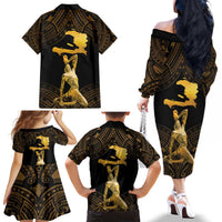 Haitian Negre Marron 1804 Family Matching Off The Shoulder Long Sleeve Dress and Hawaiian Shirt Gold Polynesian Pattern LT9 - Polynesian Pride